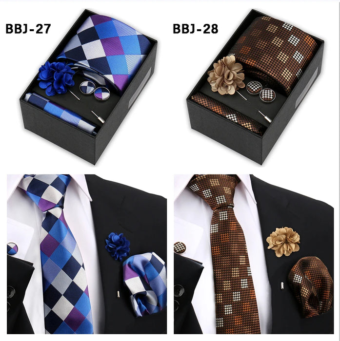 Four men's tie gift sets in assorted patterns with style codes