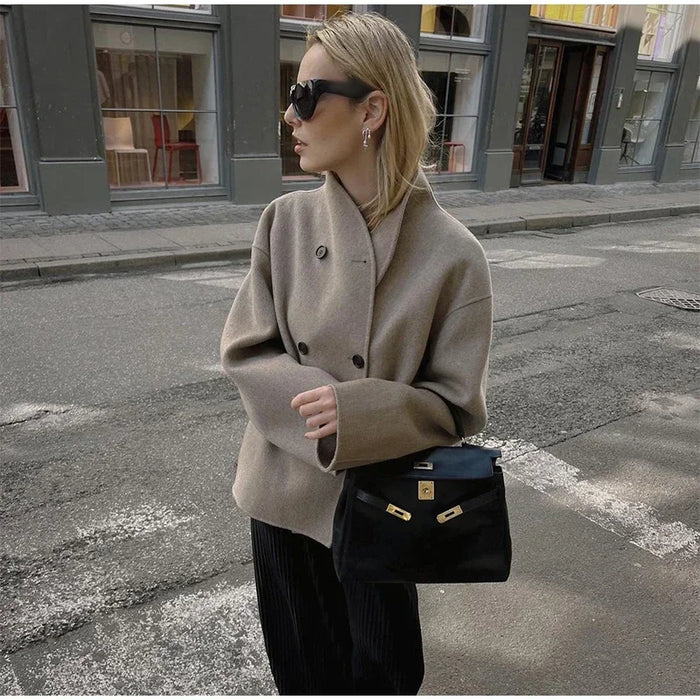 Retro Loose Casual Woolen Coats Double Breasted Stand Collar Short Jacket
