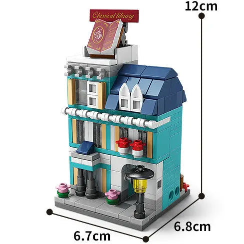 Blue classical library building block model, 12 cm tall