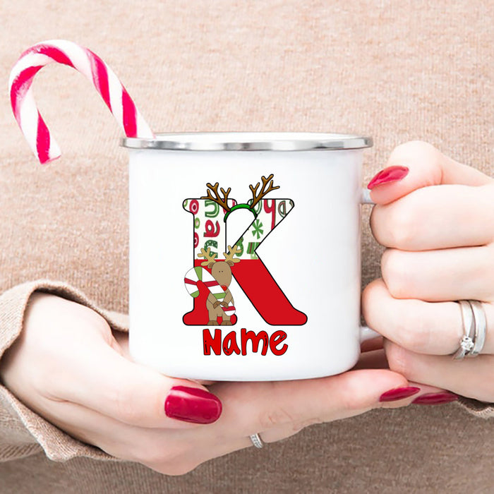 Personlized Reindeer Initial with Name Enamel Cups Christmas Hot Chocolate Mug