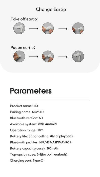 QCY T13 ANC Earphone Bluetooth 5.3 Active Noise Cancellation -28dB Wireless Headphone Fast Charge Earbuds 0.068' Low Latency