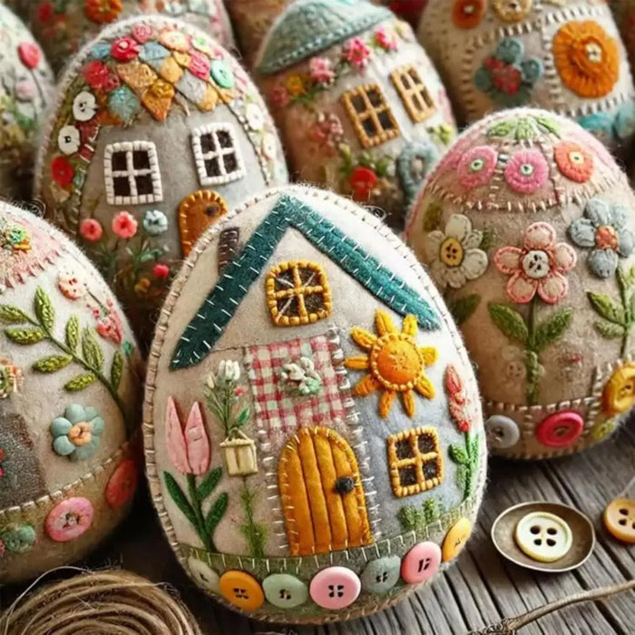 Patchwork Egg House Kit Easter Decor Basket Filler DIY Patchwork Felt Egg House Craft Kit Embroidered Felt Easter Egg Package