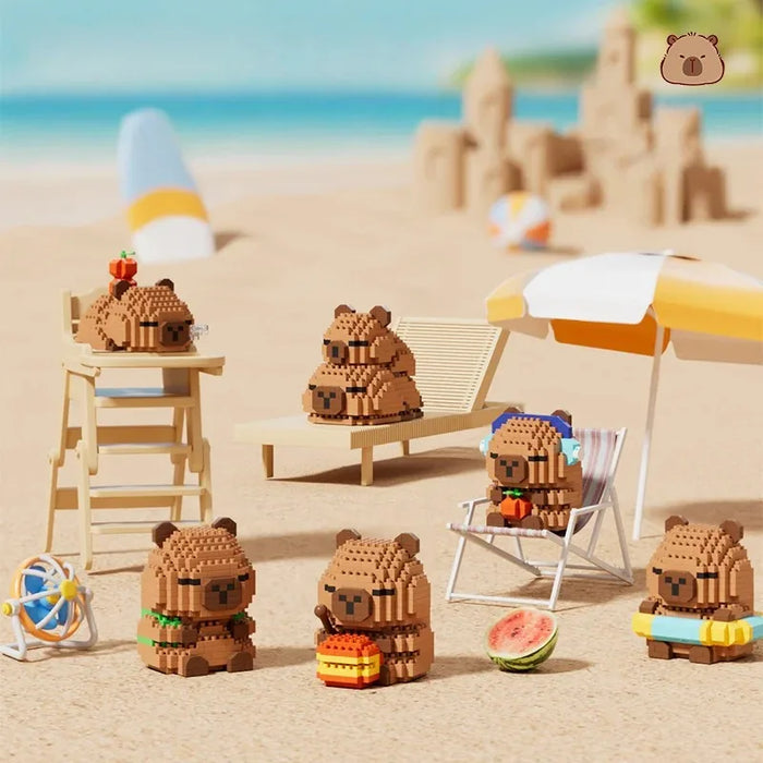 Capybara micro block figures with beach chairs and an umbrella