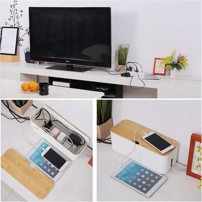 Cable Management Box, Bamboo Cover Wire Junction Board Storage Box, Hide Wires & Power Strips, Desk Computer Cable Organizer Box