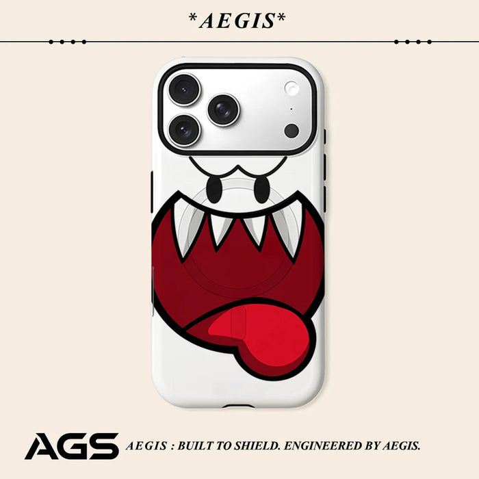 White cartoon ghost face phone case on the back of an iPhone