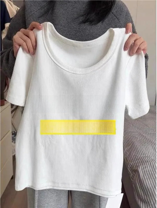 plus Size White Short Sleeve U-Neck T-Shirt Women's Trendy Shoulder Appropriate Summer Slimming Belly Covering Korean Style