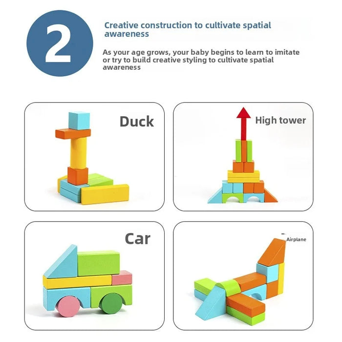 Wooden block builds: duck, high tower, car and aeroplane