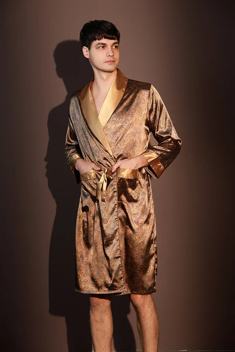 High Quality Nightrobes Men Summer Thin Bathrobe Large Size Ice Silk Printed Pajamas One-piece Robe Male Loungewear Gents Spring
