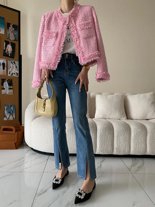 Pink Fringe Fur Shoulder Pad Tweed Jacket Blazer Boucle Crop Coat