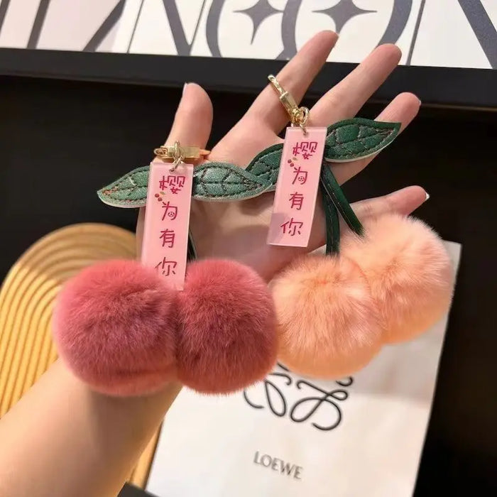Cute Soft Fluffy Red Rabbit Fur Ball Pompom Leaf Keychain Cherry Key Chain Bag Key Car KeyChains Dec Pendant Gift