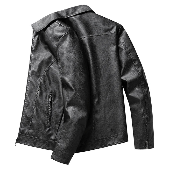 Black faux leather jacket, side view