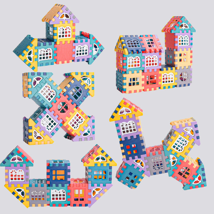 Several houses and towers built from the panels