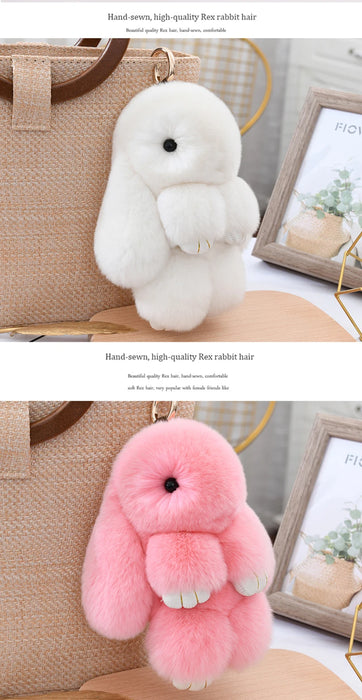 Fluffy Cute Bunny 18CM Real Fur Keychain Rex Rabbit Pom Pom Gift Toy Doll Women Bag Pendant Charm Car Key Keyring Metal ring