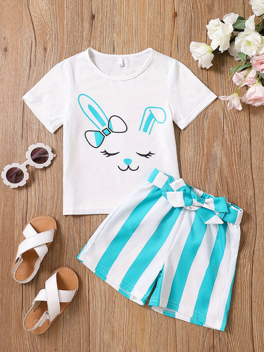 2pcs Toddler Girls Easter Cartoon Bunny Graphic T-Shirts Round Neck Short Sleeve Tees Top & Elastic Waist Belted Stripe Shorts Set Kids Summer Outdoor Clothes