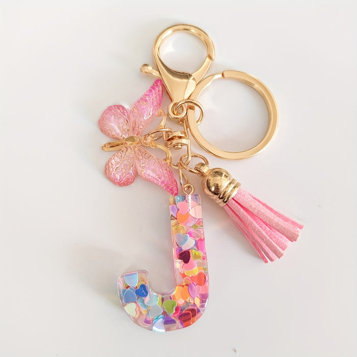 1pc Creative English Letter Pendant Keychain For Girls, Pink Sequin Drop Glue Butterfly Key Chain For Girls, Bag Car Key Ornament Christmas Gift