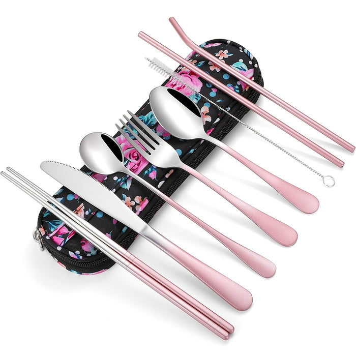 Stainless Steel Travel Utensils Set, Reusable To Go Flatware with Geometric Pattern, Polished Finish, Waterproof Carrying Case, Portable Cutlery for Lunch Box, Camping, School, Picnic