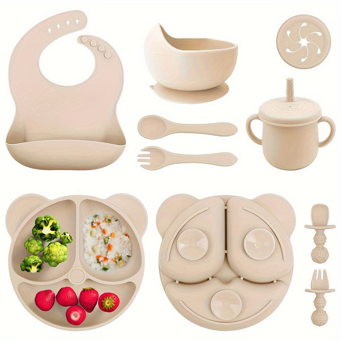 10-Piece BPA-Free Silicone Toddler Feeding Set - Pink Animal Print, Includes Suction Cup Dividers, Spoon, Fork, Straw Cup, Bib - Microwave & Oven Safe - For Baby Led Weaning - Perfect Gift for New Parents