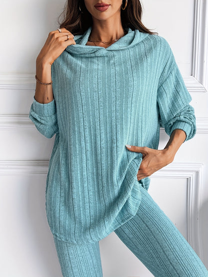 two-piece Ribbed Long Sleeve Hooded Top & Skinny Pants Set for Women, Casual Lounge Outfit