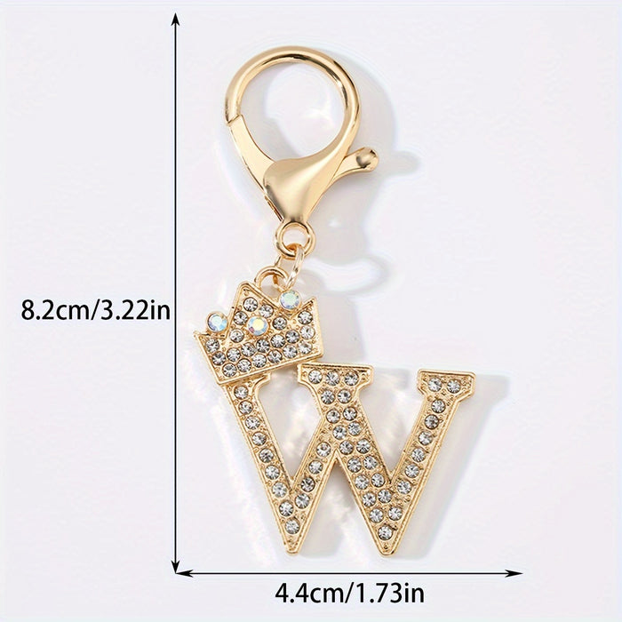 1pc Fashion Zinc Alloy Artificial Diamond Crown 26 English Letters Key Chain For Men, Bag Pendant To Friends