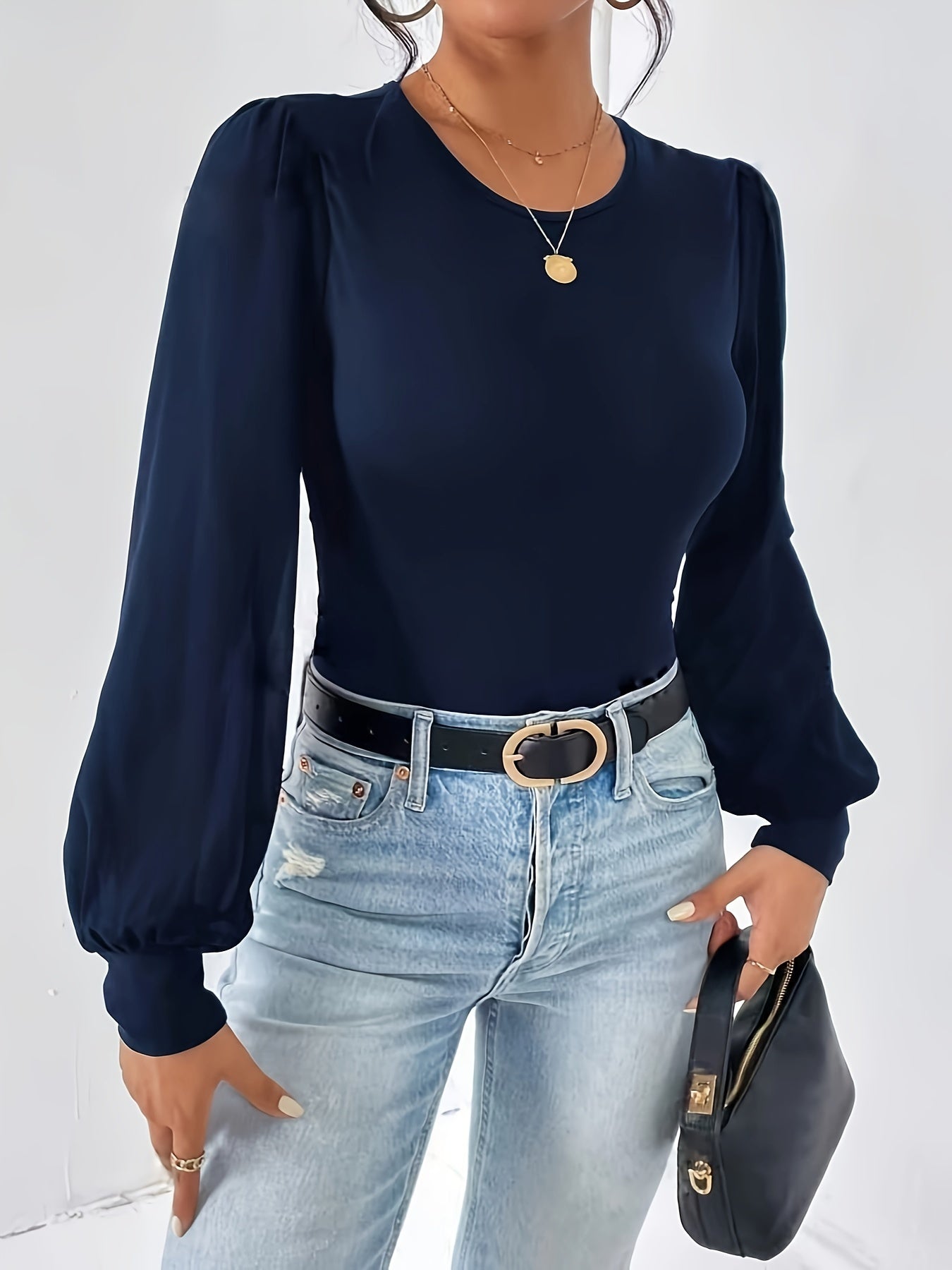 [Elegant Bodysuit] Elegant Long Sleeve Solid Crew Neck Bodysuit, Women's Clothing For Spring & Fall