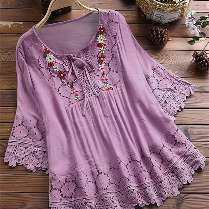 Plus Size Floral Applique Lace Blouse, Tie Neck Short Sleeve Women's Top