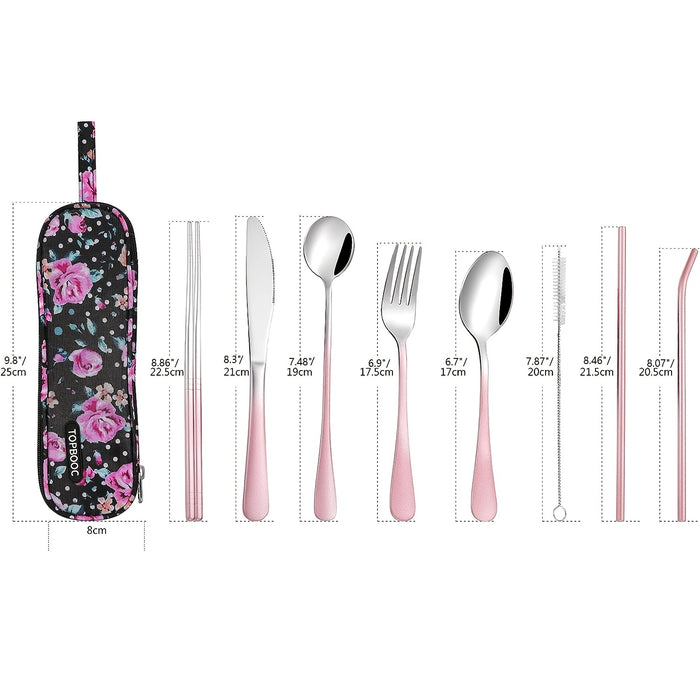 Stainless Steel Travel Utensils Set, Reusable To Go Flatware with Geometric Pattern, Polished Finish, Waterproof Carrying Case, Portable Cutlery for Lunch Box, Camping, School, Picnic
