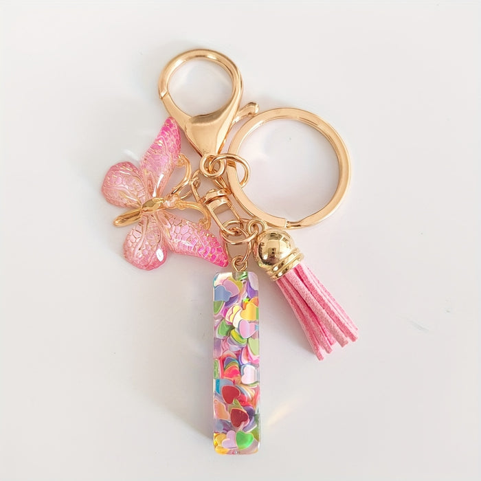 1pc Creative English Letter Pendant Keychain For Girls, Pink Sequin Drop Glue Butterfly Key Chain For Girls, Bag Car Key Ornament Christmas Gift