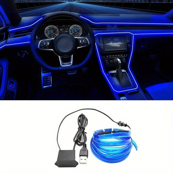 196.85inch blue LED Car Interior Lighting Strip Auto LED Strip Garland EL Wire Rope Car Decoration Lamp Flexible Tube Neon Car Accessories, Without Battery