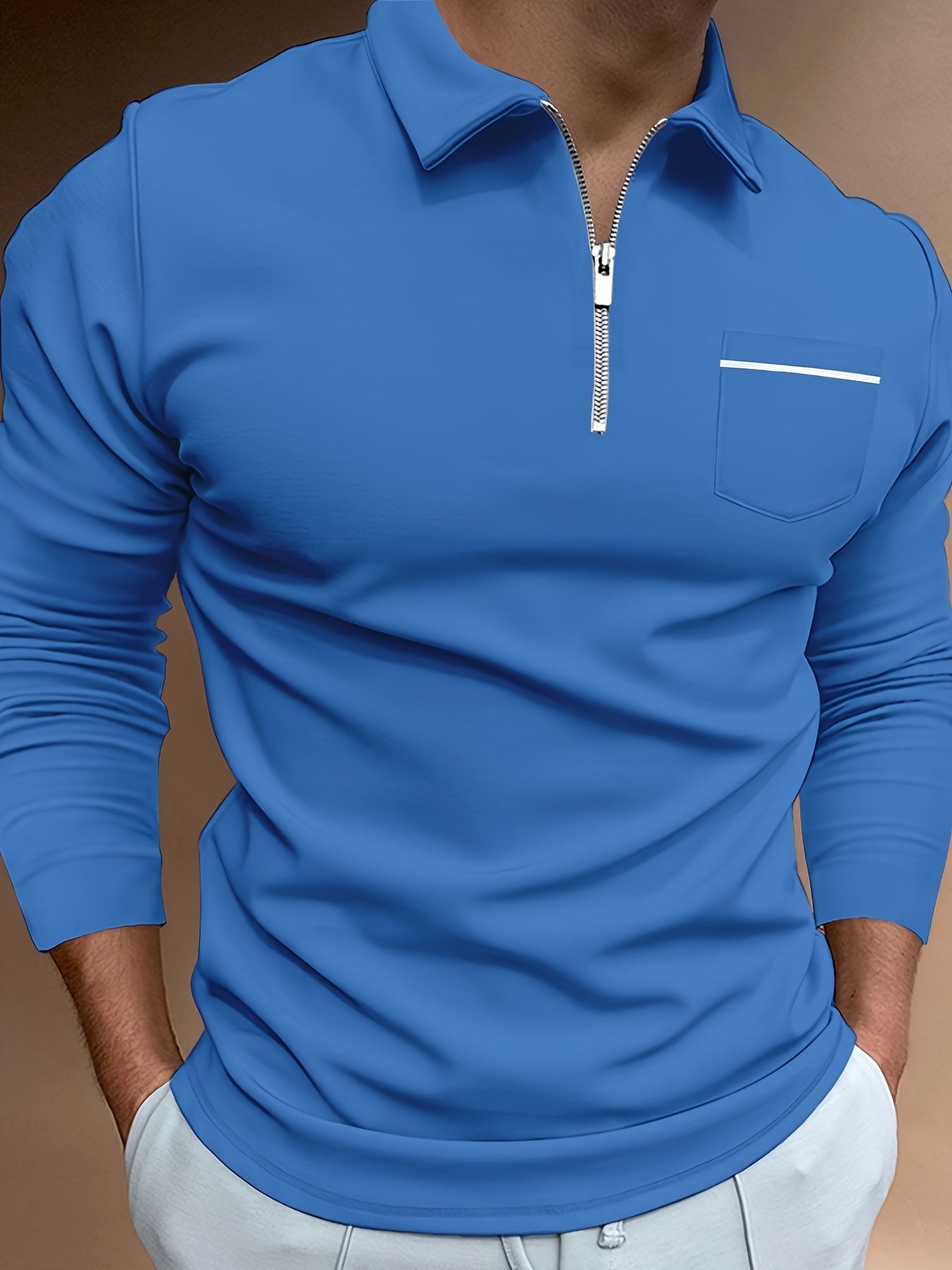 Men's Casual Long Sleeve Zipper Lapel Shirt with Chest Pocket, Spring/Fall Outdoor Wear