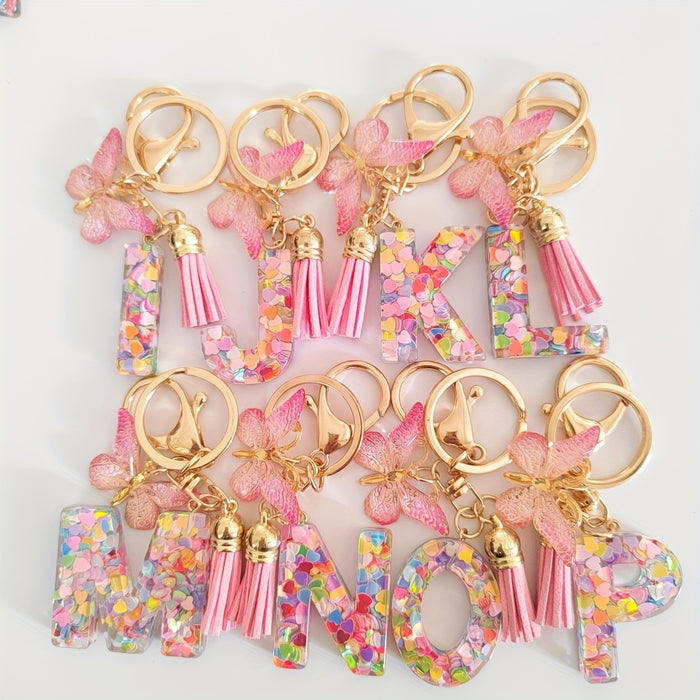 1pc Creative English Letter Pendant Keychain For Girls, Pink Sequin Drop Glue Butterfly Key Chain For Girls, Bag Car Key Ornament Christmas Gift