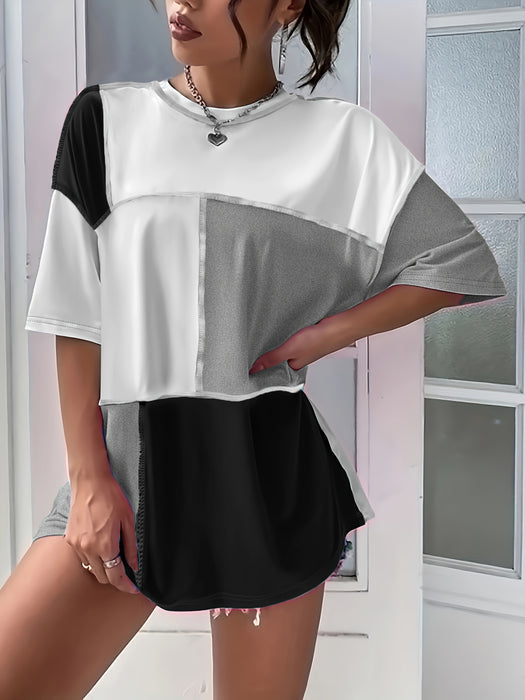 Colorblock Patchwork Crew Neck T-Shirt, Casual Drop Shoulder Top For Spring & Summer, Women's Clothing