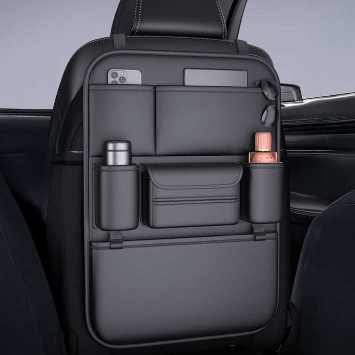 Premium PU Leather Car Backseat Organizer Large Capacity Multi-Functional Storage Bag with Dual Mesh Pockets