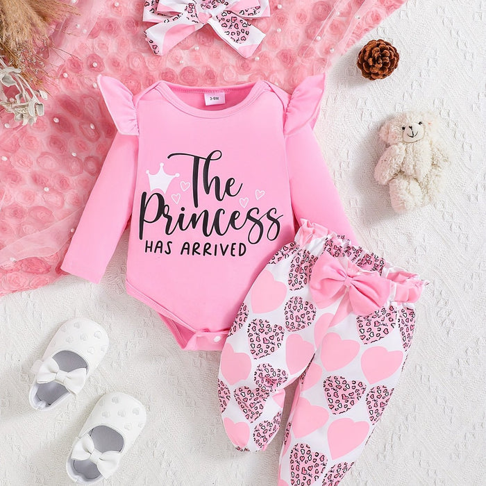 3pcs Baby Girl Outfit Set, "The Princess Has Arrived" Print Long Sleeve Romper with Ruffle Detail, Heart Pattern Print Pants, and Headband, Polyester Knit Fabric, Crew Neck, Regular Fit, for Spring/Fall - Perfect for Valentin