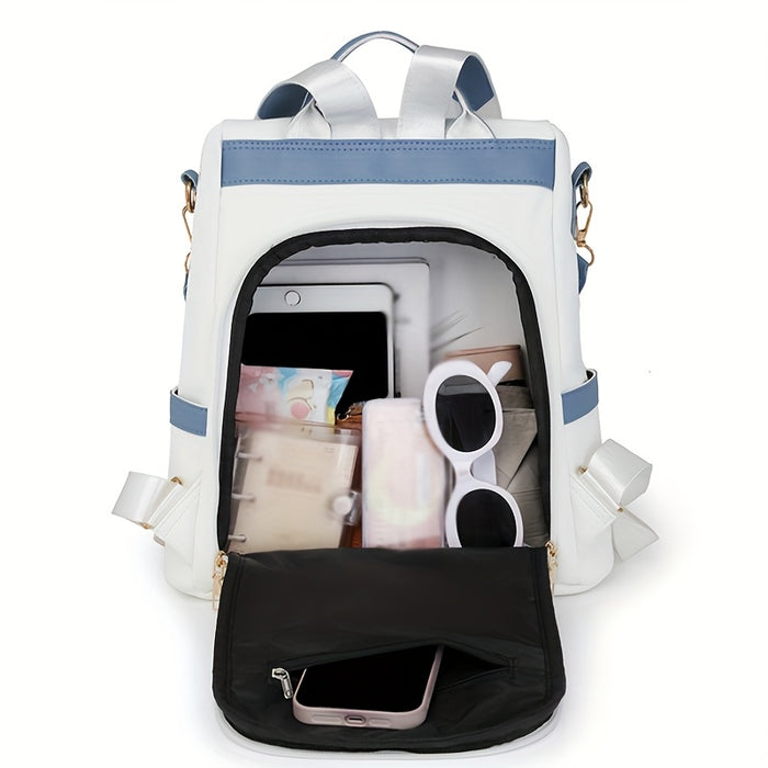 [Travel Ready] Elegant Women's Anti-Theft Lightweight Backpack - Chic White with Pink Accents, Large Capacity, Adjustable Straps, Tassel Detail, PU Material, Perfect for Travel & Daily Use