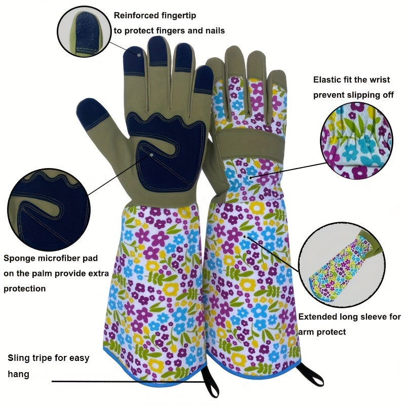 1 Pair Ambidextrous Thorn Proof Gardening Gloves, Polyester Material, Lead & Latex Free, Touch Screen Compatible, Breathable with Reinforced Fingertips & Extended Sleeves for Rose Pruning & Outdoor Work