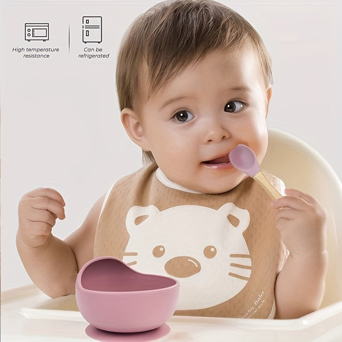 1set Baby Feeding Bowl And Spoon Set, Silicone Baby Bowl Suction Cup With Wooden Spoon Silicone Suction Base Non Slip Baby First Feeding Kit Gift For Toddler Children Girls Boys, Halloween, Thanksgiving, Christmas Gift