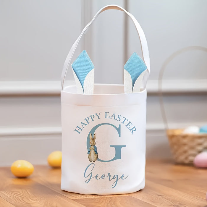 Customized Burlap Easter Basket with Bunny Handles - Personalized Easter Egg Hunt Tote - Festive Easter Party Bag for Emilia
