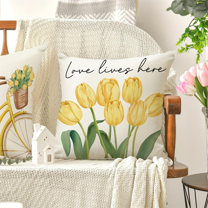 [4pcs Hello Sunshine Pillow Covers] 4pcs Spring Pillow Covers 18x18 Inch Hello Sunshine Tulip Throw Pillow Covers Spring Summer Farmhouse Decorations Yellow Bike Flowers Cushion Covers For Sofa Couch Home Decor, Room Decor, O
