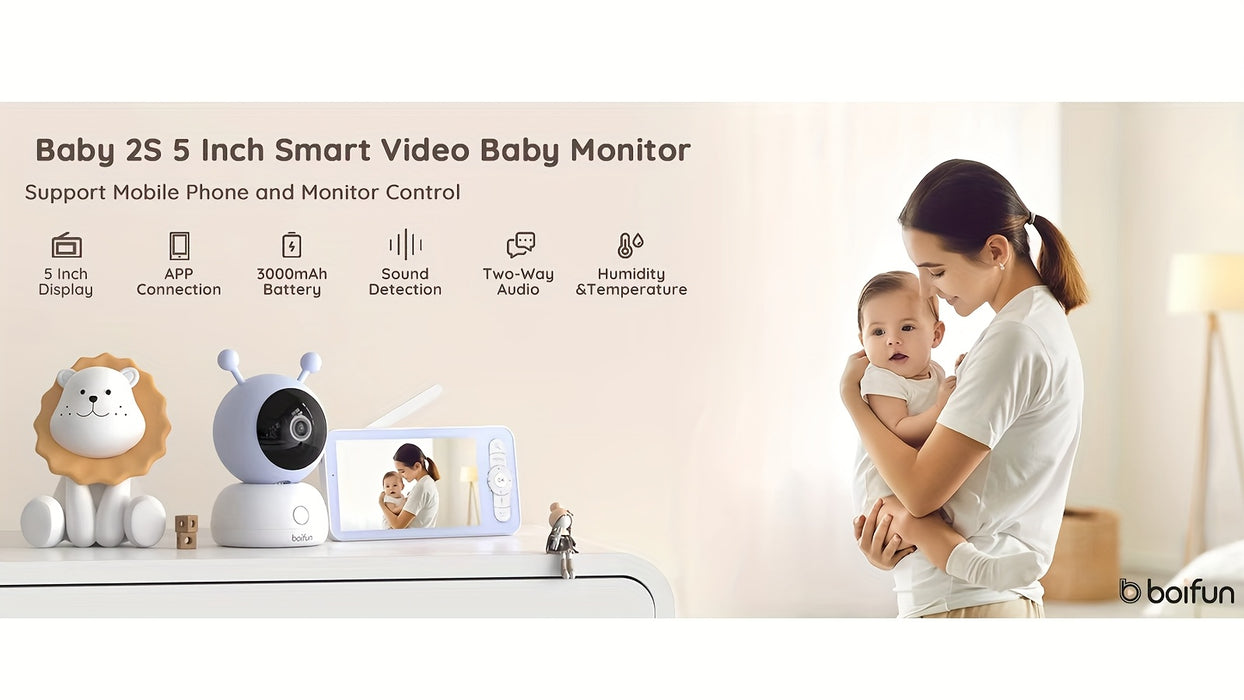 BOIFUN 720P WiFi Youngsters Monitor Camera with App Control, 5" Screen, Motion & Crying Detection, PTZ, Night Vision, Alarm Area, Temperature & Humidity Sensor, Two-Way Talk, ECO Mode, Rechargeable Battery, Smartphone App Com