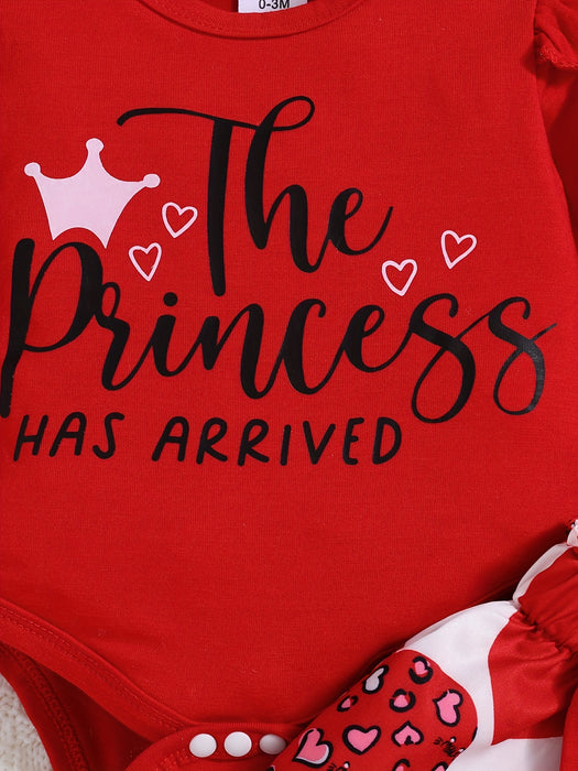 3pcs Baby Girl Outfit Set, "The Princess Has Arrived" Print Long Sleeve Romper with Ruffle Detail, Heart Pattern Print Pants, and Headband, Polyester Knit Fabric, Crew Neck, Regular Fit, for Spring/Fall - Perfect for Valentin