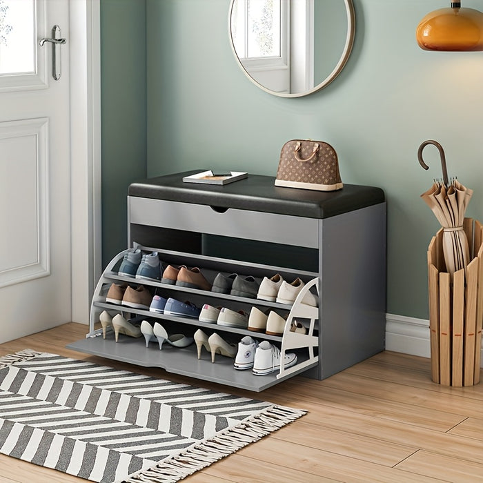 Pine Wood Shoe Bench with Cushioned Seat, Three-Tier Footwear Rack, and Storage Cabinet - Ideal for Bedroom or Entryway, Multi-Compartment Design, No Assembly Required, Shoes Organizer Storage