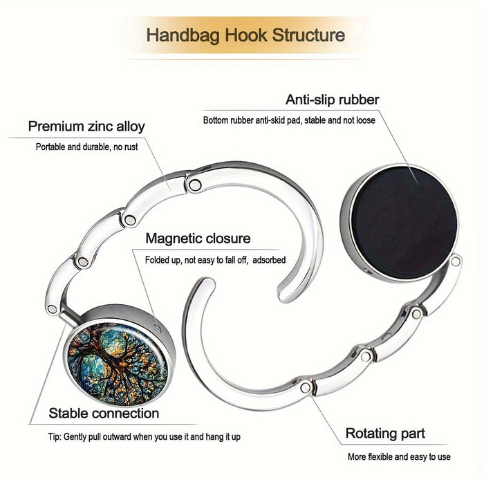 Tree of Life Design Portable Bag Hooks, Zinc Alloy, Foldable Handbag Storage Hanger, Elegant Purse Organizer, Mature Style, with Unique Gift for Travel & Home Use