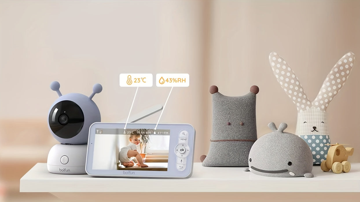 BOIFUN 720P WiFi Youngsters Monitor Camera with App Control, 5" Screen, Motion & Crying Detection, PTZ, Night Vision, Alarm Area, Temperature & Humidity Sensor, Two-Way Talk, ECO Mode, Rechargeable Battery, Smartphone App Com