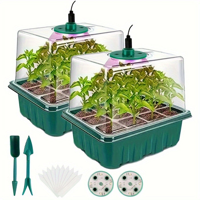 Seed Starter Disc with Growth Lamp, 2 Sets of Seed Germination Kits, with Adjustable Humidity Dome, Seedling Starter Disc with Heightening Lid, 8 Full Spectrum LED Bulbs for Indoor Plants, Mini Greenhouse for Seed Germination