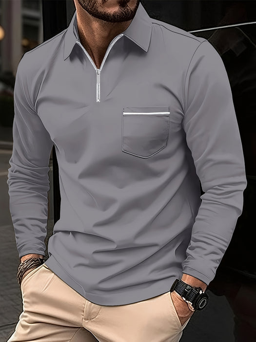 Men's Casual Long Sleeve Zipper Lapel Shirt with Chest Pocket, Spring/Fall Outdoor Wear
