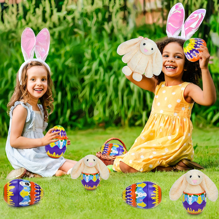 Prefilled Easter Eggs of Stuffed Animals Toys Metal Easter Eggs Filled with Plush Bunny Easter Egg Hunt Basket Stuffers for Kids