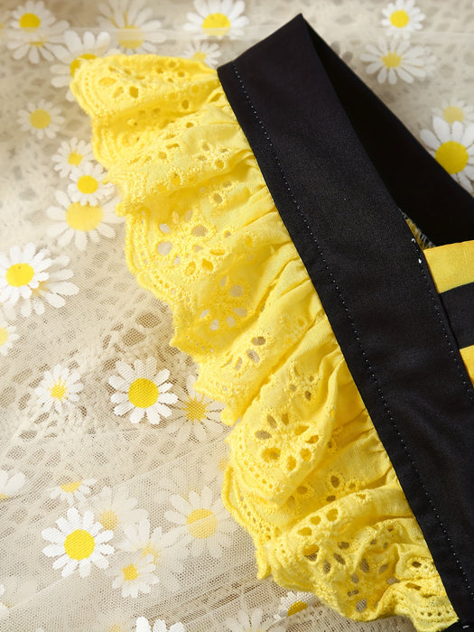 [Ladybug Summer Dress Set] 2pcs Little Bee Ladybug Summer Dress - Striped Full-Print Exposed Back Spliced for Lotus Lace Adjustable Suspender + Sun Hat Set