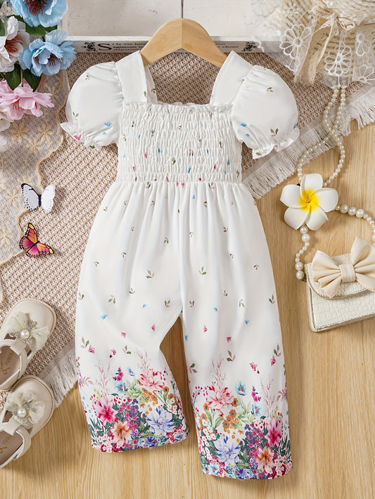 Elegant Floral Print Romper for Youngsters - Casual Retro Style with Puff Sleeves, Polyester, Non-Stretch Fabric, Square Neckline, Spring/Summer Wear, Romper for Girls, for Outdoor