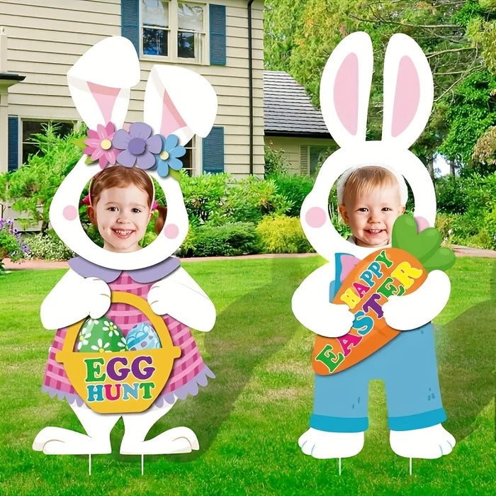 2pcs Large Easter Bunny Yard Signs with Stakes, Art Deco Style Plastic Seasonal Outdoor Decorations, Happy Easter Party Photo Props, No Electricity or Battery Needed, Festive Garden Accessories|Festive Decoration|Durable Outd