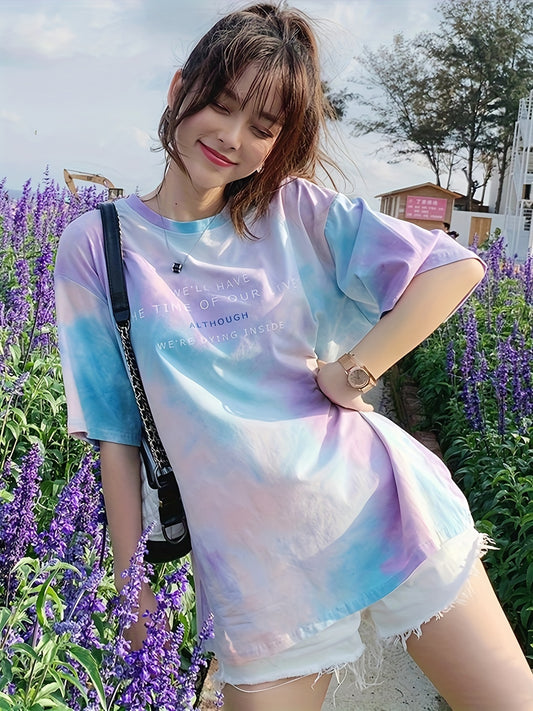 Letter Print Crew Neck T-Shirt, Casual Short Sleeve Top for Spring & Summer, Women's Clothing